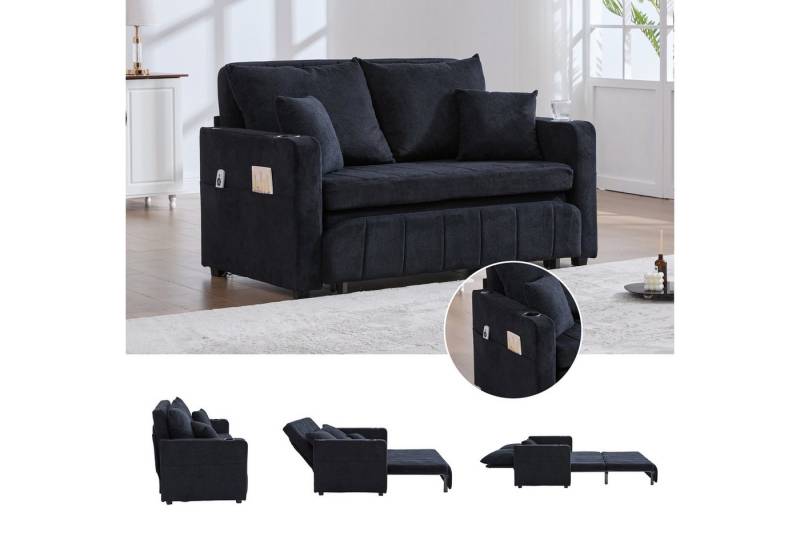 LVHOM Schlafsofa Kompakt-Sofa mit Auszieh-Bettfunktion, USB/Type-C Ladestation, 90°-180° verstellbare Rückenlehne, 2 großzügige Sitzkissen + 2 Zierkissen(abnehmbar, waschbar), 2 Getränkehalter + Stauraumtasche, 280kg Tragkraft, mit Relaxfunktion für Gästeübernachtungen oder tägliche Entspannung von LVHOM