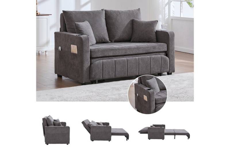 LVHOM Schlafsofa Kompakt-Sofa mit Auszieh-Bettfunktion, USB/Type-C Ladestation, 90°-180° verstellbare Rückenlehne, 2 großzügige Sitzkissen + 2 Zierkissen(abnehmbar, waschbar), 2 Getränkehalter + Stauraumtasche, 280kg Tragkraft, mit Relaxfunktion für Gästeübernachtungen oder tägliche Entspannung von LVHOM