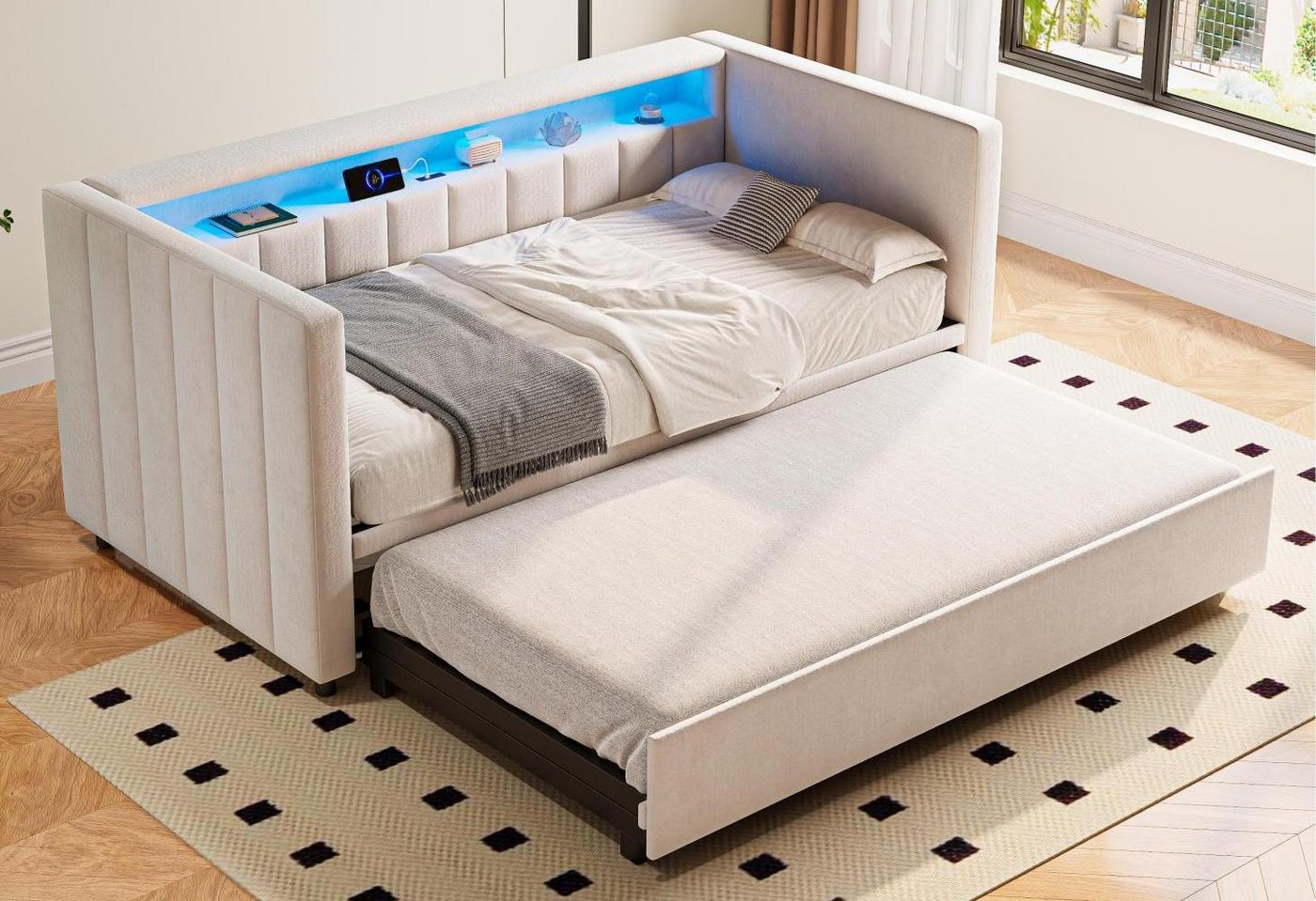 LVHOM Schlafsofa 90x190cm mit ausziehbarem Bett,Samtstoff,schlichtes Streifenmuster, Holzlattenrost mit Metallrahmen,Tragkraft 260 kg,ausgestattet mit einem Staufach, USB-/Type-C-Anschluss, LED-Beleuchtung und platzsparendem Design, geeignet für Wohnzimmer, Gästezimmer und Kinderzimmer LVHOM Schlafsofa 90x190cm mit ausziehbarem Bett,Samtstoff,schlichtes Streifenmuster, Holzlattenrost mit Metallrahmen,Tragkraft 260 kg,ausgestattet mit einem Staufach, USB-/Type-C-Anschluss, LED-Beleuchtung und platzsparendem Design, geeignet für Wohnzimmer, Gästezimmer und Kinderzimmer von LVHOM