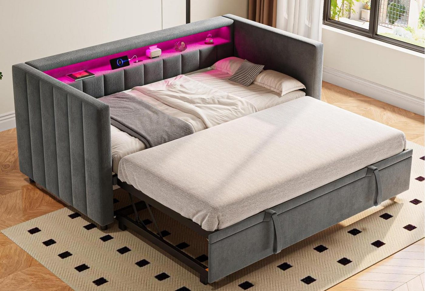 LVHOM Schlafsofa 90x190cm mit ausziehbarem Bett,Samtstoff,schlichtes Streifenmuster, Holzlattenrost mit Metallrahmen,Tragkraft 260 kg,ausgestattet mit einem Staufach, USB-/Type-C-Anschluss, LED-Beleuchtung und platzsparendem Design, geeignet für Wohnzimmer, Gästezimmer und Kinderzimmer LVHOM Schlafsofa 90x190cm mit ausziehbarem Bett,Samtstoff,schlichtes Streifenmuster, Holzlattenrost mit Metallrahmen,Tragkraft 260 kg,ausgestattet mit einem Staufach, USB-/Type-C-Anschluss, LED-Beleuchtung und platzsparendem Design, geeignet für Wohnzimmer, Gästezimmer und Kinderzimmer von LVHOM