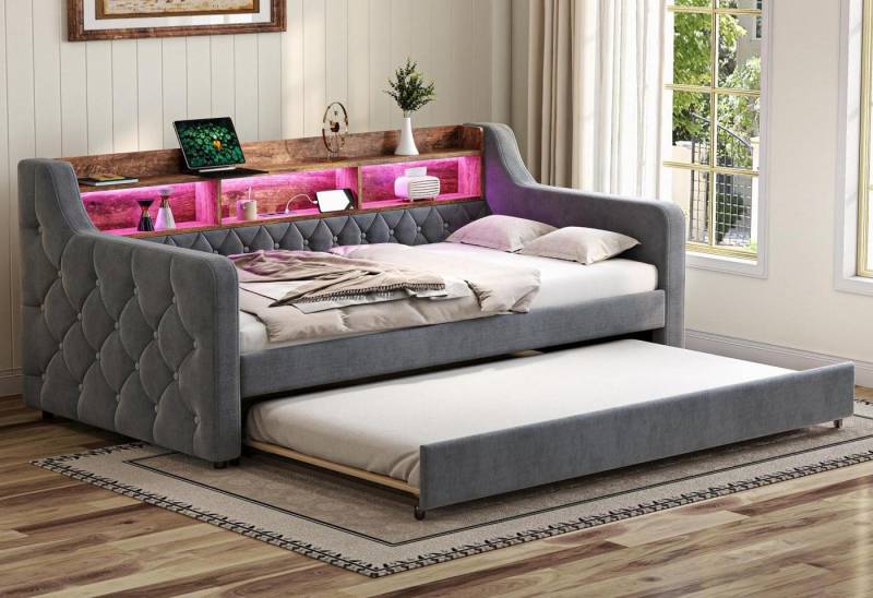 LVHOM Schlafsofa 90x190cm multifunktionales Ausziehsofa,Samtstoff,stabiler Rahmen, einzigartige Knopfsteppung, Holzlatten mit Metallrahmen, doppelte Staufächer, USB-C-Anschluss/einstellbare LED-Beleuchtung,bis 260kg, als Sofa/Doppelbett nutzbar, geeignet für Schlaf-/Gäste-/Jugendzimmer LVHOM Schlafsofa 90x190cm multifunktionales Ausziehsofa,Samtstoff,stabiler Rahmen, einzigartige Knopfsteppung, Holzlatten mit Metallrahmen, doppelte Staufächer, USB-C-Anschluss/einstellbare LED-Beleuchtung,bis 260kg, als Sofa/Doppelbett nutzbar, geeignet für Schlaf-/Gäste-/Jugendzimmer von LVHOM