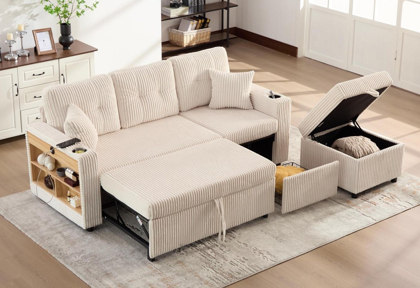 LVHOM Schlafsofa mit Aufbewahrungshocker,Dreisitzer-Sofa,Ausziehbares Bett, Cordstoff,robust und stabil, Inklusive seitlichen Staufächern und Schubladen auf Rollen, Ausgestattet mit USB-C-Ladeanschluss, LED-Beleuchtung, zwei Getränkehaltern,zwei Zierkissen breiten Armlehnen und einer dicken Rückenlehne, Tragfähigkeit 350kg, für Wohnzimmer, Arbeitszimmer und Gästezimmer LVHOM Schlafsofa mit Aufbewahrungshocker,Dreisitzer-Sofa,Ausziehbares Bett, Cordstoff,robust und stabil, Inklusive seitlichen Staufächern und Schubladen auf Rollen, Ausgestattet mit USB-C-Ladeanschluss, LED-Beleuchtung, zwei Getränkehaltern,zwei Zierkissen breiten Armlehnen und einer dicken Rückenlehne, Tragfähigkeit 350kg, für Wohnzimmer, Arbeitszimmer und Gästezimmer von LVHOM