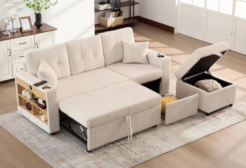 LVHOM Schlafsofa mit Aufbewahrungshocker,Dreisitzer-Sofa,Ausziehbares Bett, Cordstoff,robust und stabil, Inklusive seitlichen Staufächern und Schubladen auf Rollen, Ausgestattet mit USB-C-Ladeanschluss, LED-Beleuchtung, zwei Getränkehaltern,zwei Zierkissen breiten Armlehnen und einer dicken Rückenlehne, Tragfähigkeit 350kg, für Wohnzimmer, Arbeitszimmer und Gästezimmer von LVHOM