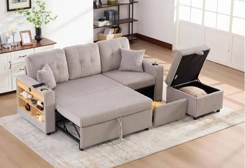 LVHOM Schlafsofa mit Aufbewahrungshocker,Dreisitzer-Sofa,Ausziehbares Bett, Cordstoff,robust und stabil, Inklusive seitlichen Staufächern und Schubladen auf Rollen, Ausgestattet mit USB-C-Ladeanschluss, LED-Beleuchtung, zwei Getränkehaltern,zwei Zierkissen breiten Armlehnen und einer dicken Rückenlehne, Tragfähigkeit 350kg, für Wohnzimmer, Arbeitszimmer und Gästezimmer von LVHOM