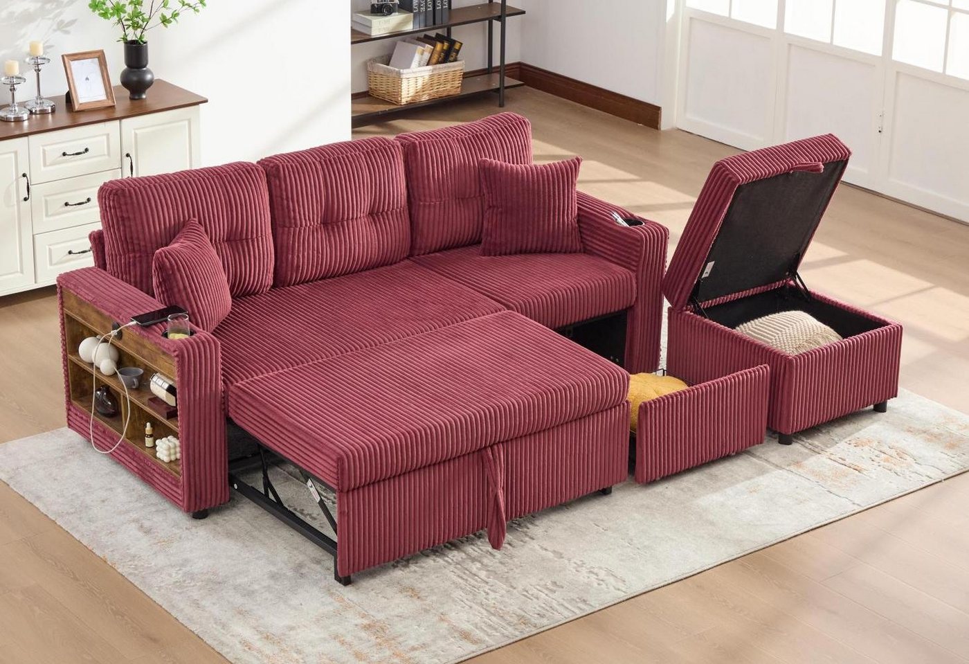 LVHOM Schlafsofa mit Aufbewahrungshocker,Dreisitzer-Sofa,Ausziehbares Bett, Cordstoff,robust und stabil, Inklusive seitlichen Staufächern und Schubladen auf Rollen, Ausgestattet mit USB-C-Ladeanschluss, LED-Beleuchtung, zwei Getränkehaltern,zwei Zierkissen breiten Armlehnen und einer dicken Rückenlehne, Tragfähigkeit 350kg, für Wohnzimmer, Arbeitszimmer und Gästezimmer LVHOM Schlafsofa mit Aufbewahrungshocker,Dreisitzer-Sofa,Ausziehbares Bett, Cordstoff,robust und stabil, Inklusive seitlichen Staufächern und Schubladen auf Rollen, Ausgestattet mit USB-C-Ladeanschluss, LED-Beleuchtung, zwei Getränkehaltern,zwei Zierkissen breiten Armlehnen und einer dicken Rückenlehne, Tragfähigkeit 350kg, für Wohnzimmer, Arbeitszimmer und Gästezimmer von LVHOM