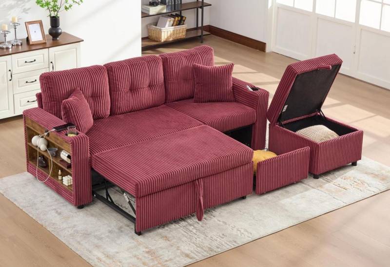 LVHOM Schlafsofa mit Aufbewahrungshocker,Dreisitzer-Sofa,Ausziehbares Bett, Cordstoff,robust und stabil, Inklusive seitlichen Staufächern und Schubladen auf Rollen, Ausgestattet mit USB-C-Ladeanschluss, LED-Beleuchtung, zwei Getränkehaltern,zwei Zierkissen breiten Armlehnen und einer dicken Rückenlehne, Tragfähigkeit 350kg, für Wohnzimmer, Arbeitszimmer und Gästezimmer von LVHOM