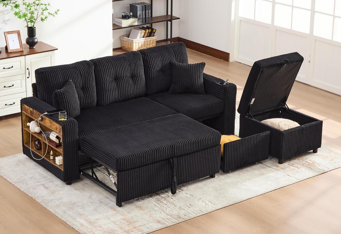 LVHOM Schlafsofa mit Aufbewahrungshocker,Dreisitzer-Sofa,Ausziehbares Bett, Cordstoff,robust und stabil, Inklusive seitlichen Staufächern und Schubladen auf Rollen, Ausgestattet mit USB-C-Ladeanschluss, LED-Beleuchtung, zwei Getränkehaltern,zwei Zierkissen breiten Armlehnen und einer dicken Rückenlehne, Tragfähigkeit 350kg, für Wohnzimmer, Arbeitszimmer und Gästezimmer LVHOM Schlafsofa mit Aufbewahrungshocker,Dreisitzer-Sofa,Ausziehbares Bett, Cordstoff,robust und stabil, Inklusive seitlichen Staufächern und Schubladen auf Rollen, Ausgestattet mit USB-C-Ladeanschluss, LED-Beleuchtung, zwei Getränkehaltern,zwei Zierkissen breiten Armlehnen und einer dicken Rückenlehne, Tragfähigkeit 350kg, für Wohnzimmer, Arbeitszimmer und Gästezimmer von LVHOM