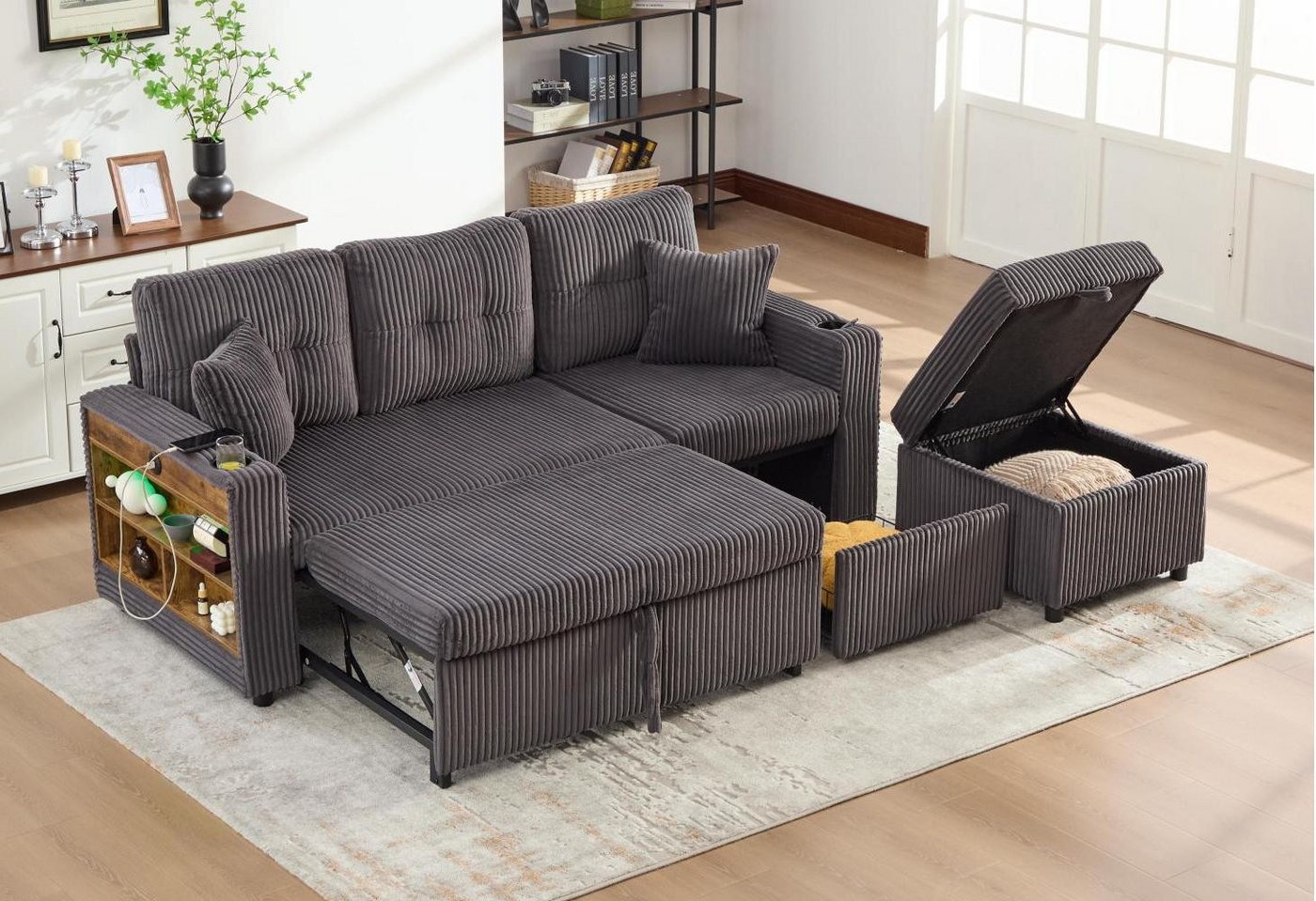 LVHOM Schlafsofa mit Aufbewahrungshocker,Dreisitzer-Sofa,Ausziehbares Bett, Cordstoff,robust und stabil, Inklusive seitlichen Staufächern und Schubladen auf Rollen, Ausgestattet mit USB-C-Ladeanschluss, LED-Beleuchtung, zwei Getränkehaltern,zwei Zierkissen breiten Armlehnen und einer dicken Rückenlehne, Tragfähigkeit 350kg, für Wohnzimmer, Arbeitszimmer und Gästezimmer von LVHOM