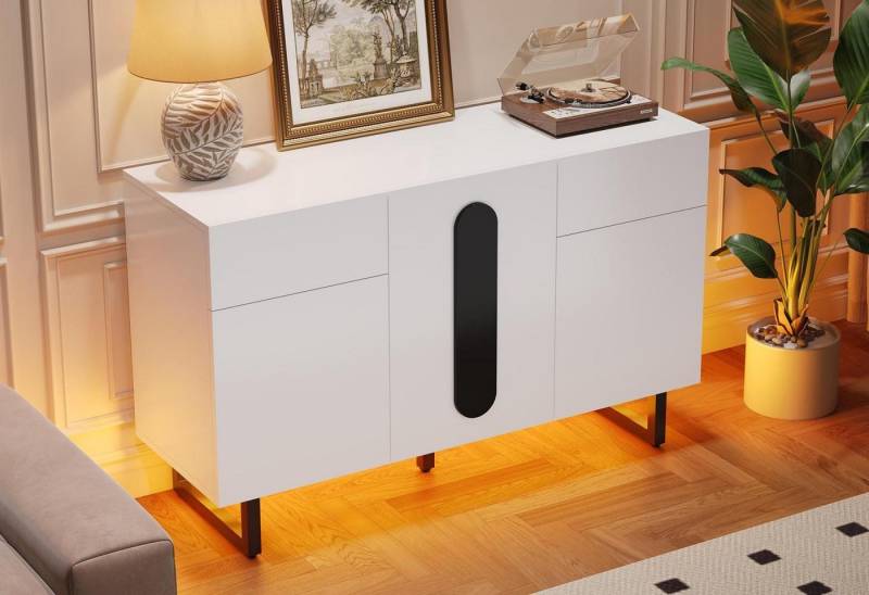 LVHOM Sideboard 120 cm, Kommode, schlichtes Design in Schwarz und Weiß, Metallbeine (zwei Schubladen und mehrere Fächer, Einlegeböden verstellbar, flexible Organisation und praktisch, LED-Beleuchtung, bis 50kg), geeignet für Esszimmer, Wohnzimmer und Küche LVHOM Sideboard 120 cm, Kommode, schlichtes Design in Schwarz und Weiß, Metallbeine (zwei Schubladen und mehrere Fächer, Einlegeböden verstellbar, flexible Organisation und praktisch, LED-Beleuchtung, bis 50kg), geeignet für Esszimmer, Wohnzimmer und Küche von LVHOM