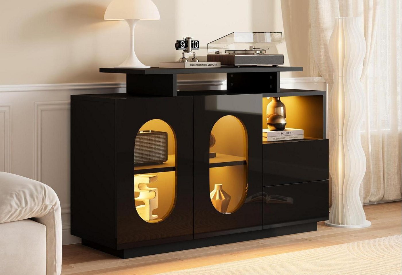 LVHOM Sideboard 120cm, elegantes Schwarz, modernes Design, viel Stauraum (Ovales Glasdesign,Hochglanzoberfläche,Stabilisierte Ablagefläche für vielseitige Organisation, geeignet für Vitrine, Sideboard und Minibar), eine vielseitige Lösung, die Ästhetik und Funktionalität vereint von LVHOM