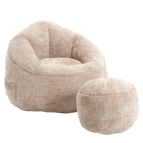LVHOM Sitzsack Sessel mit Hocker für Erwachsene, Extra weiche Chenille Sitzsack Sofa (Khaki), für Wohnzimmer, Schlafzimmer, Homeoffice & Gaming Bereich​​ von LVHOM