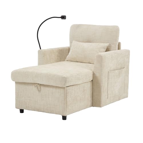 LVHON Premium Indoor Relaxsessel mit großem Stauraum und Handyhalterung, Bequeme Chenille in Beige Chaiselongue Sofa für Wohnzimmer, Schlafzimmer, Kleine Räume von LVHOM