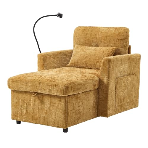 LVHON Premium Indoor Relaxsessel mit großem Stauraum und Handyhalterung, Bequeme Chenille in Gelb Chaiselongue Sofa für Wohnzimmer, Schlafzimmer, Kleine Räume von LVHOM