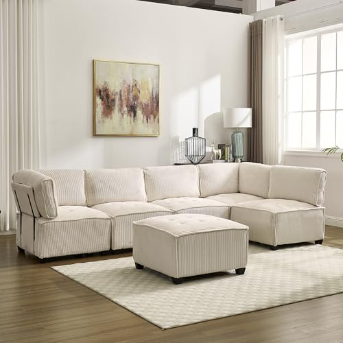 Modulares 6-Sitzer-Sofa 308cm Lang, Modernes L-Form/U-Form Sofa mit Schlaffunktion, Ecksofa mit Fußhocker, Cordstoff Schlafsofa für Wohnungen, Beige von LVHOM
