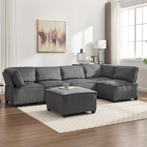 Modulares 6-Sitzer-Sofa 308cm Lang, Modernes L-Form/U-Form Sofa mit Schlaffunktion, Ecksofa mit Fußhocker, Cordstoff Schlafsofa für Wohnungen, Grau von LVHOM