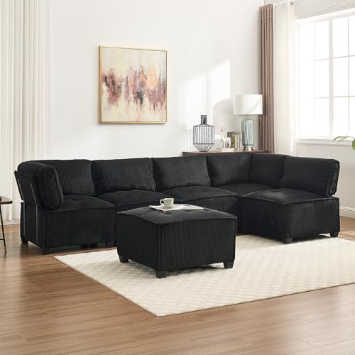 Modulares 6-Sitzer-Sofa 308cm Lang, Modernes L-Form/U-Form Sofa mit Schlaffunktion, Ecksofa mit Fußhocker, Cordstoff Schlafsofa für Wohnungen, Schwarz von LVHOM