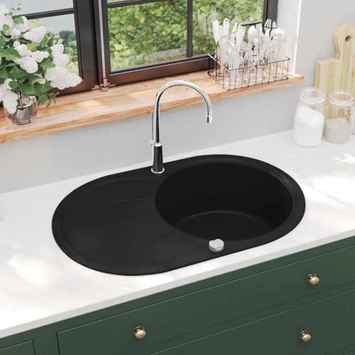 Granitspüle mit Abtropffläche, Einzelbecken, Einbauspüle, Schmutzabweisend und kratzfest, Oval Küchenspüle, Einfacher Zusammenbau, 77 x 49 x 20.5 cm von LVHUIDEH