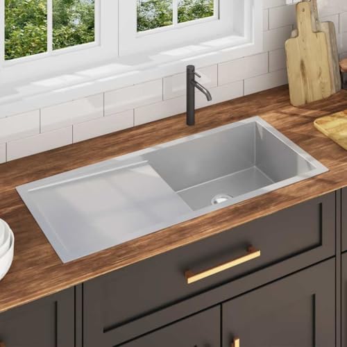 Handgefertigte Einbauspüle mit Abtropffläche, Moderne Küchenspüle, Spülbecken, Lebensmittelqualität, Installationsarten: Unterbau, Unterputz und Einbau, 100 x 44 x 20 cm, Edelstahl von LVHUIDEH