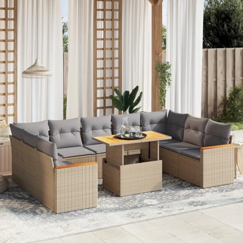 LVHUIDEH 10er Set Gartenmöbel, Garten-Sofagarnitur mit Kissen, Sitzgruppe, Wetterfest, Terassenmöbel für Garten Terrasse Balkon, Beige Poly Rattan von LVHUIDEH
