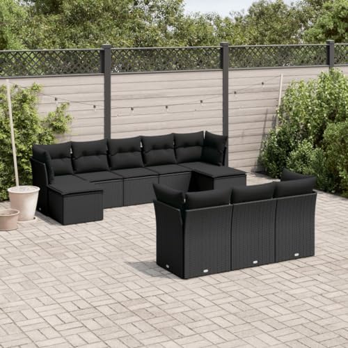 LVHUIDEH 10er Set Gartenmöbel, Garten-Sofagarnitur mit Kissen, Sitzgruppe, Wetterfest, Terassenmöbel für Garten Terrasse Balkon, Schwarz Poly Rattan von LVHUIDEH