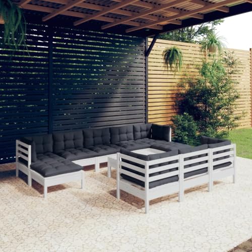 LVHUIDEH 11er Set Gartenmöbel, Garten-Lounge-Set mit Kissen, Sitzgruppe, Wetterfest Balkonmöbel für Garten Terrasse Balkon, Weiß Kiefer Massivholz von LVHUIDEH
