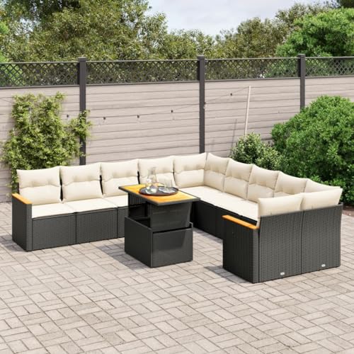 LVHUIDEH 11er Set Gartenmöbel, Garten-Sofagarnitur mit Kissen, Sitzgruppe, Wetterfest, Terassenmöbel für Garten Terrasse Balkon, Schwarz Poly Rattan von LVHUIDEH