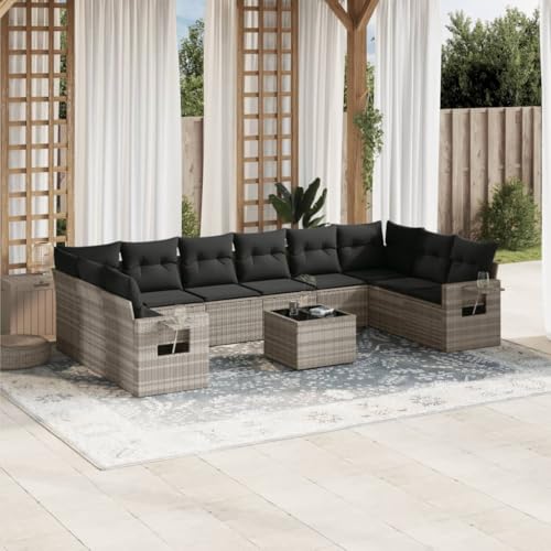 LVHUIDEH 11er Set Gartenmöbel, Garten-Sofagarnitur mit Kissen, Sitzgruppe, Wetterfest Terassenmöbel, Hellgrau Poly Rattan von LVHUIDEH