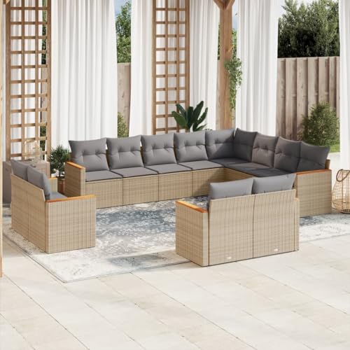 LVHUIDEH 12er Set Gartenmöbel, Garten-Sofagarnitur mit Kissen, Sitzgruppe, Wetterfest Terassenmöbel, Beige Poly Rattan von LVHUIDEH