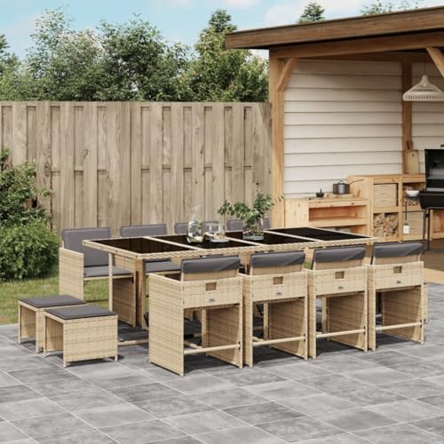 LVHUIDEH 13er Set Gartenmöbel, Garten-Essgruppe mit Kissen, Sitzgruppe, Wetterfest, Terassenmöbel für Garten Terrasse Balkon, Beigemischung Poly Rattan von LVHUIDEH