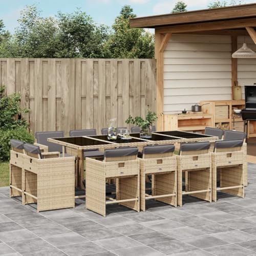 LVHUIDEH 13er Set Gartenmöbel, Garten-Essgruppe mit Kissen, Sitzgruppe, Wetterfest, Terassenmöbel für Garten Terrasse Balkon, Beigemischung Poly Rattan von LVHUIDEH