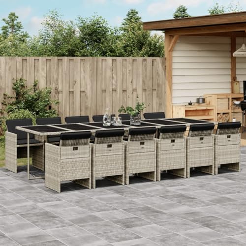 LVHUIDEH 13er Set Gartenmöbel, Garten-Essgruppe mit Kissen, Sitzgruppe, Wetterfest, Terassenmöbel für Garten Terrasse Balkon, Hellgrau Poly Rattan von LVHUIDEH