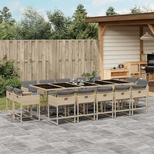 LVHUIDEH 15er Set Gartenmöbel, Garten-Essgruppe mit Kissen, Sitzgruppe, Wetterfest, Terassenmöbel für Garten Terrasse Balkon, Beigemischung Poly Rattan von LVHUIDEH