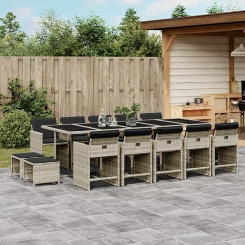 LVHUIDEH 15er Set Gartenmöbel, Garten-Essgruppe mit Kissen, Sitzgruppe, Wetterfest, Terassenmöbel für Garten Terrasse Balkon, Hellgrau Poly Rattan von LVHUIDEH
