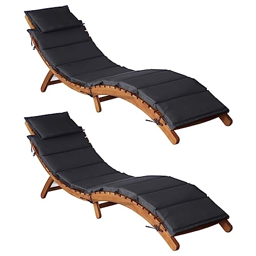 LVHUIDEH 2er Lounge Sonnenliegen Set - Klappbar Liegestühle mit Auflagen - Gebogenes Design - Outdoor Gartenmöbel Set, 2X Gartenliege Wetterfest, 184 x 55 x 64 cm, Massivholz Akazie von LVHUIDEH