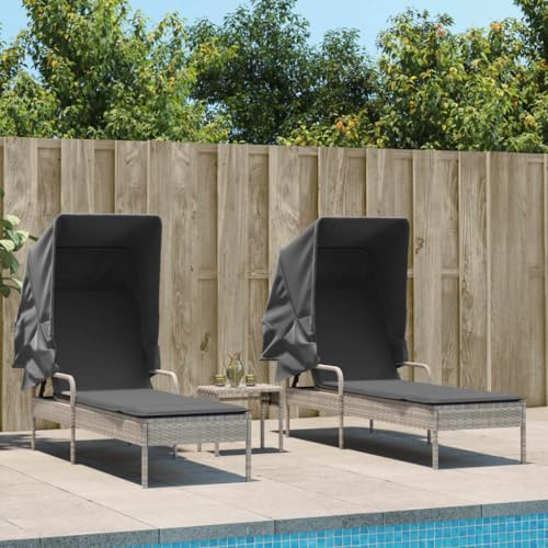 LVHUIDEH 2er Lounge Sonnenliegen Set - Liegestühle mit Dach und Tisch - Outdoor Gartenmöbel Set, 2X Gartenliege Wetterfest, 200 x 60 x 130 cm, Poly Rattan von LVHUIDEH
