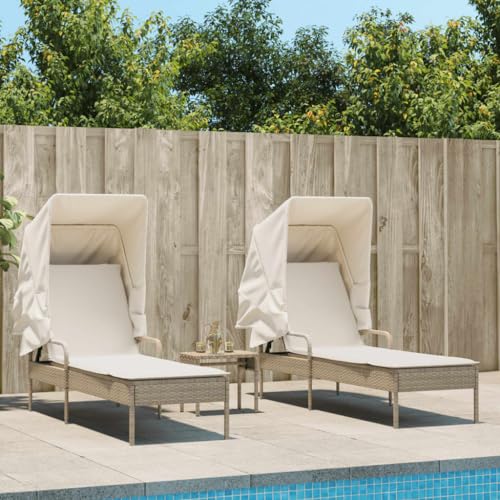 LVHUIDEH 2er Lounge Sonnenliegen Set - Liegestühle mit Dach und Tisch - Outdoor Gartenmöbel Set, 2X Gartenliege Wetterfest, 200 x 60 x 130 cm, Poly Rattan von LVHUIDEH