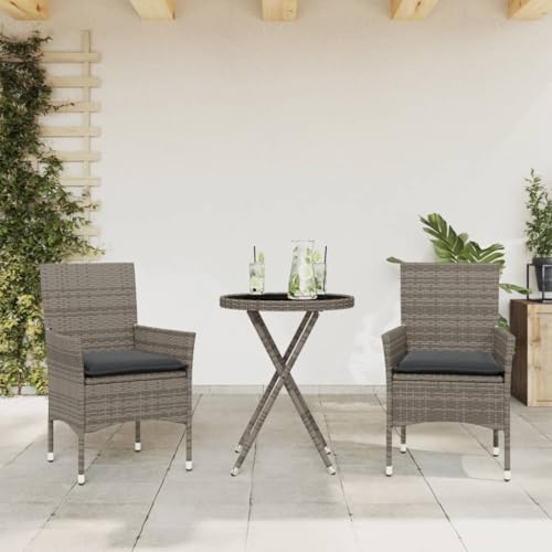 LVHUIDEH 3er Set Gartenmöbel, Bistro-Set mit Kissen Grau Poly Rattan und Glas von LVHUIDEH