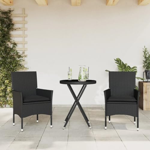 LVHUIDEH 3er Set Gartenmöbel, Bistro-Set mit Kissen Schwarz Poly Rattan und Glas von LVHUIDEH