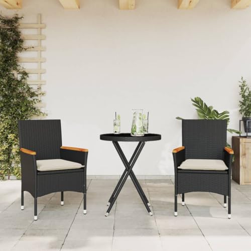 LVHUIDEH 3er Set Gartenmöbel, Bistro-Set mit Kissen Schwarz Poly Rattan und Glas von LVHUIDEH