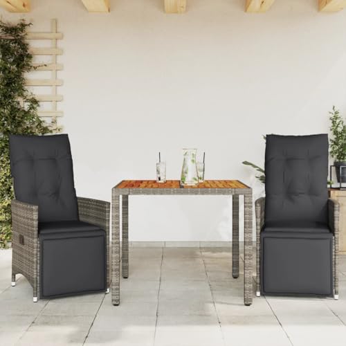 LVHUIDEH 3er Set Gartenmöbel, Garten-Bistro-Set mit Kissen, Sitzgruppe, Wetterfest, Terassenmöbel für Garten Terrasse Balkon, Grau Poly Rattan von LVHUIDEH