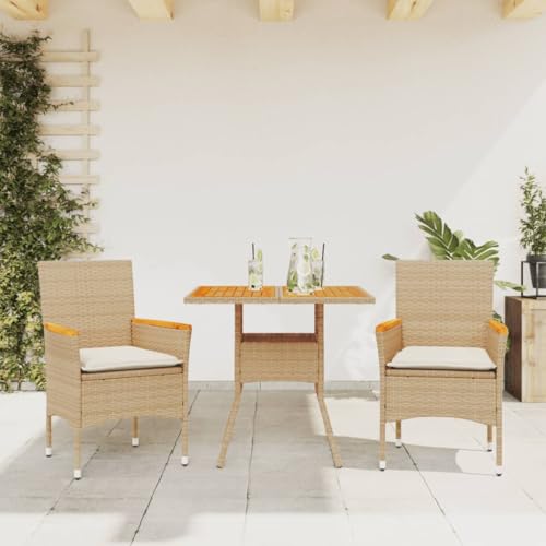 LVHUIDEH 3er Set Gartenmöbel, Garten-Essgruppe mit Kissen, Sitzgruppe, Wetterfest, Terassenmöbel für Garten Terrasse Balkon, Beige Poly Rattan Akazie von LVHUIDEH