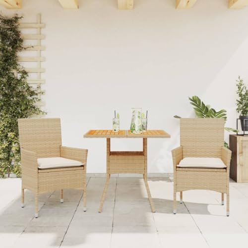 LVHUIDEH 3er Set Gartenmöbel, Garten-Essgruppe mit Kissen, Sitzgruppe, Wetterfest, Terassenmöbel für Garten Terrasse Balkon, Beige Poly Rattan Akazie von LVHUIDEH
