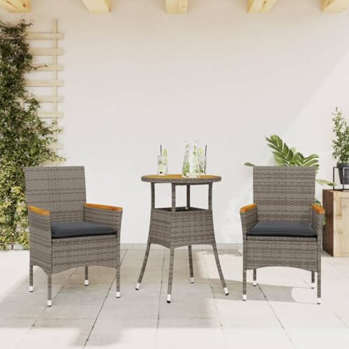 LVHUIDEH 3er Set Gartenmöbel, Garten-Essgruppe mit Kissen, Sitzgruppe, Wetterfest, Terassenmöbel für Garten Terrasse Balkon, Grau Poly Rattan Akazie von LVHUIDEH