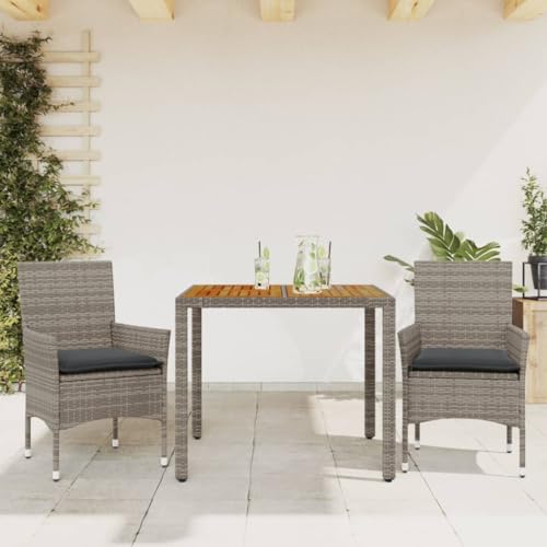 LVHUIDEH 3er Set Gartenmöbel, Garten-Essgruppe mit Kissen, Sitzgruppe, Wetterfest, Terassenmöbel für Garten Terrasse Balkon, Grau Poly Rattan Akazie von LVHUIDEH