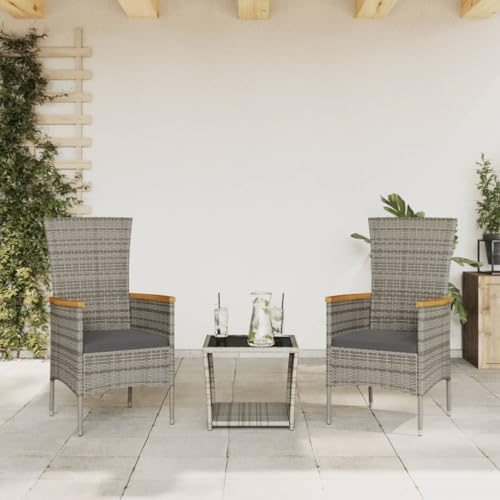 LVHUIDEH 3er Set Gartenmöbel, Garten-Essgruppe mit Kissen, Sitzgruppe, Wetterfest, Terassenmöbel für Garten Terrasse Balkon, Grau Poly Rattan von LVHUIDEH