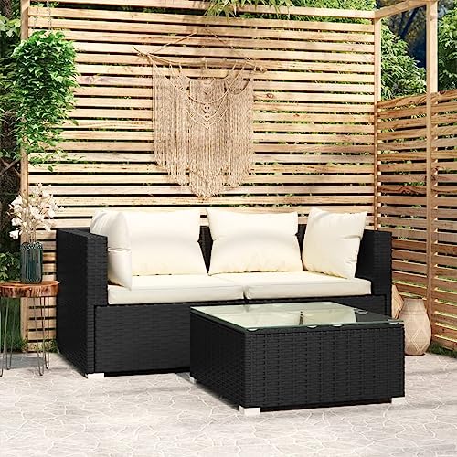 LVHUIDEH 3er Set Gartenmöbel, Garten-Lounge-Set mit Auflagen, Sitzgruppe, Wetterfest Balkonmöbel für Garten Terrasse Balkon, Schwarz Poly Rattan von LVHUIDEH