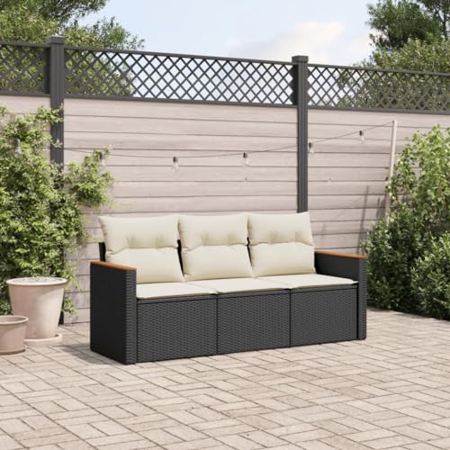 LVHUIDEH 3er Set Gartenmöbel, Garten-Sofagarnitur mit Kissen, Sitzgruppe, Wetterfest, Terassenmöbel für Garten Terrasse Balkon, Schwarz Poly Rattan von LVHUIDEH