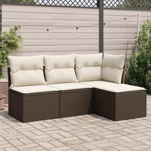 LVHUIDEH 4er Set Gartenmöbel, Garten-Sofagarnitur mit Kissen, Sitzgruppe, Wetterfest, Terassenmöbel für Garten Terrasse Balkon, Braun Poly Rattan von LVHUIDEH