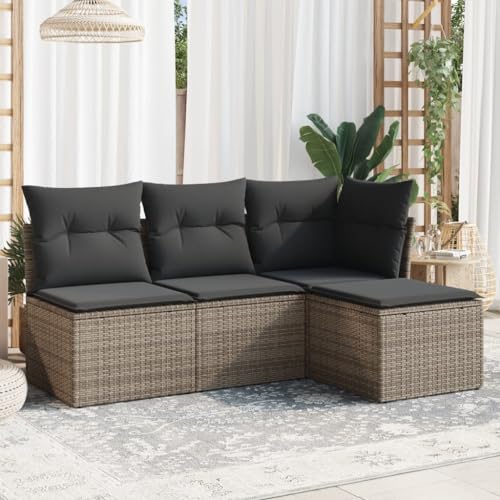 LVHUIDEH 4er Set Gartenmöbel, Garten-Sofagarnitur mit Kissen, Sitzgruppe, Wetterfest, Terassenmöbel für Garten Terrasse Balkon, Grau Poly Rattan von LVHUIDEH