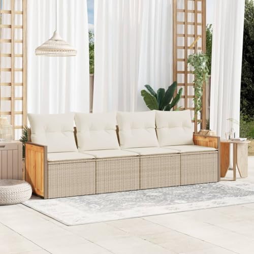 LVHUIDEH 4er Set Gartenmöbel, Garten-Sofagarnitur mit Kissen, Sitzgruppe, Wetterfest Terassenmöbel, Beige Poly Rattan von LVHUIDEH